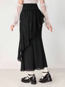 ROMWE EDITION Women's Elegant Solid Color Lace Patchwork Fishtail Skirt - Black - View 2