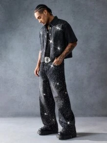 ROMWE MEN Street Life 男士水钻装饰单排扣牛仔衬衫 - 黑色 - 查看 7