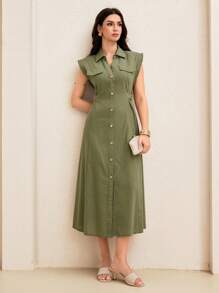 SHEIN Lacomfia 女式V领无袖金属扣腰收腰中长连衣裙 - 軍綠色 - 查看 6