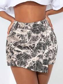 SHEIN PETITE Quần short denim cạp cao in họa tiết toàn thân thời trang mùa hè dành cho nữ - Nhiều màu - Xem 6