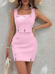 EURMUSE LUNE Square Neck Flower Embellishment Solid Color Top & Mini Skirt Two Pieces Summer Set - Baby Pink - View 4