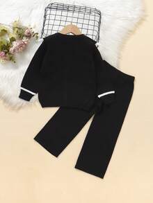 SHEIN Elladie kids Young Girls Elegant Black Sweater Co-Ord Set With Pearl Decor Collar, Long Sleeve Knit Cardigan + Wide Leg Knit Pants, Soft Fabric Suitable For Daily, Outdoor, Travel, Holiday, Home, Daycare, School, Party Wear Fall Winter - Black - View 3