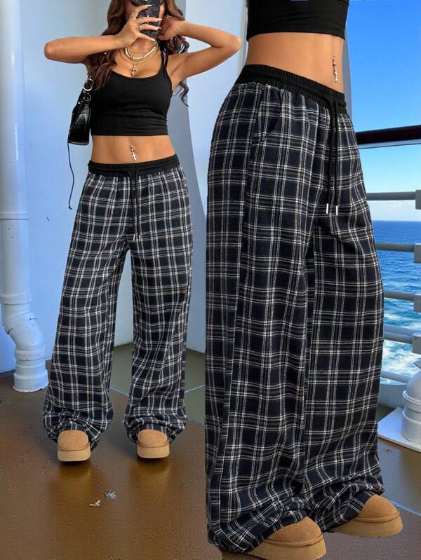 Veykashi Pantalon décontracté ample à imprimé carreaux noir et blanc, convient pour l'été