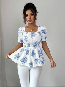 Elenzga 新款春夏法式紫色碎花腰部收紧优雅优质荷叶边领泡泡袖A字型女式复古短袖衬衫，适合教师 - 藍色 - 查看 3