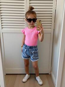 SHEIN 2pcs/Set Young Girl Casual & Simple Comfy Round Neck Ruffle Hem Sleeveless Top And Jeans Pants Set - Pink - View 2