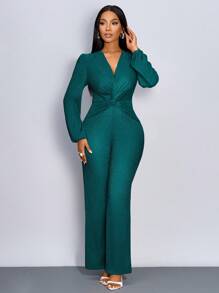 SOLERSUN Bộ đồ liền thân dài tay cổ chữ V sâu thắt nút xoắn - Màu xanh lá cây đậm - Xem 5