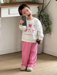 女婴日常休闲蝴蝶结印花圆领运动衫和裤子套装 - 彩色 - 查看 1
