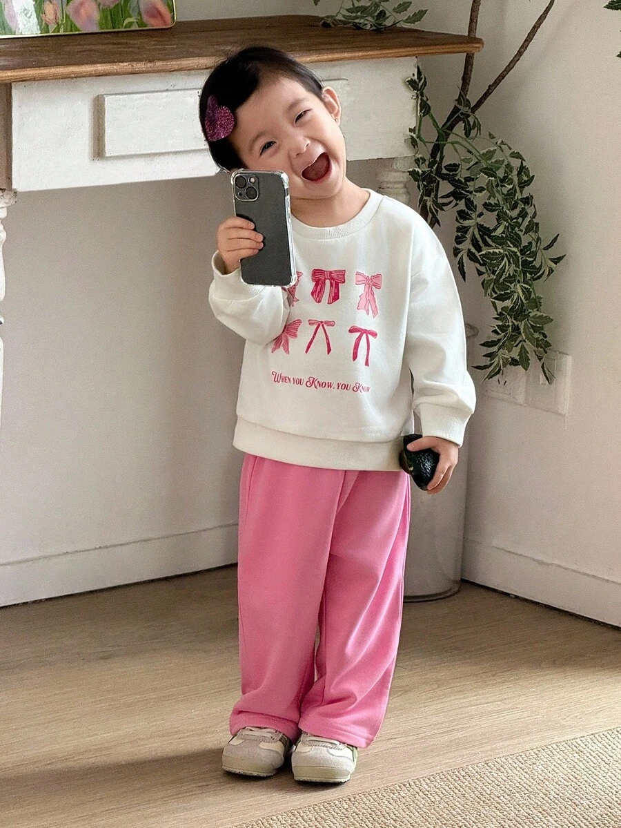 女婴日常休闲蝴蝶结印花圆领运动衫和裤子套装 - 彩色 - 查看 1