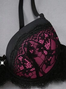 SHEIN 1件蕾丝拼接性感聚拢浪漫无钢圈文胸，适合小胸女性，蕾丝聚拢文胸，半罩杯文胸，内衣文胸 - 彩色 - 查看 7