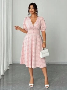 Elenzga 大码女式优雅浪漫V领短袖迷你连衣裙