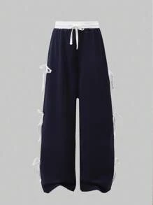 Spodnie dla dziewcząt w wieku nastoletnim, luźne, szerokie, w stylu ulicznym, sportowe, w kontrastowym kolorze, z kokardką i ściągaczem w pasie