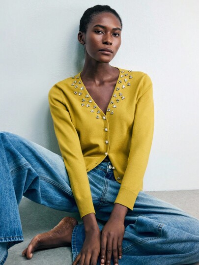 Maija Women's Casual Commuter Cardigan With Rhinestone Decor Yellow Cardigan Women Mustard Cardigan Embellished Cardigan Yellow V Neck Cardigan Going Out Tops Women Business Casual Woman Birthday Outfits For Women Office Outfits For Women Jerseys For Women Office Attire For Women  Autumn Tops For Going Out