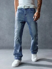 ROMWE MEN Street Life Men's Rhinestone Embellished Pocket Flared Casual Jeans - Blue - View 4