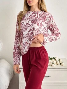 SHEIN Cottnline Plus Size Cotton PLUS Women 2 Pcs Floral Pattern With Roung Neck Long Sleeved ShirtSolid Colour Pants Homewear Set Lounge White Burgundy Autumn - Multicolor - View 1