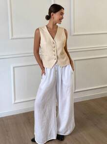 Livesso Áo khoác blazer vải lanh mùa hè không tay cổ chữ V ôm sát dành cho nữ, trang phục công sở mùa thu - trắng - Xem 4