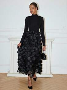 Rafferiza Women's Turtleneck Ribbed Splice Floral Mesh Elegant Long Sleeve Dress Maxi Women Outfit - Black - View 4