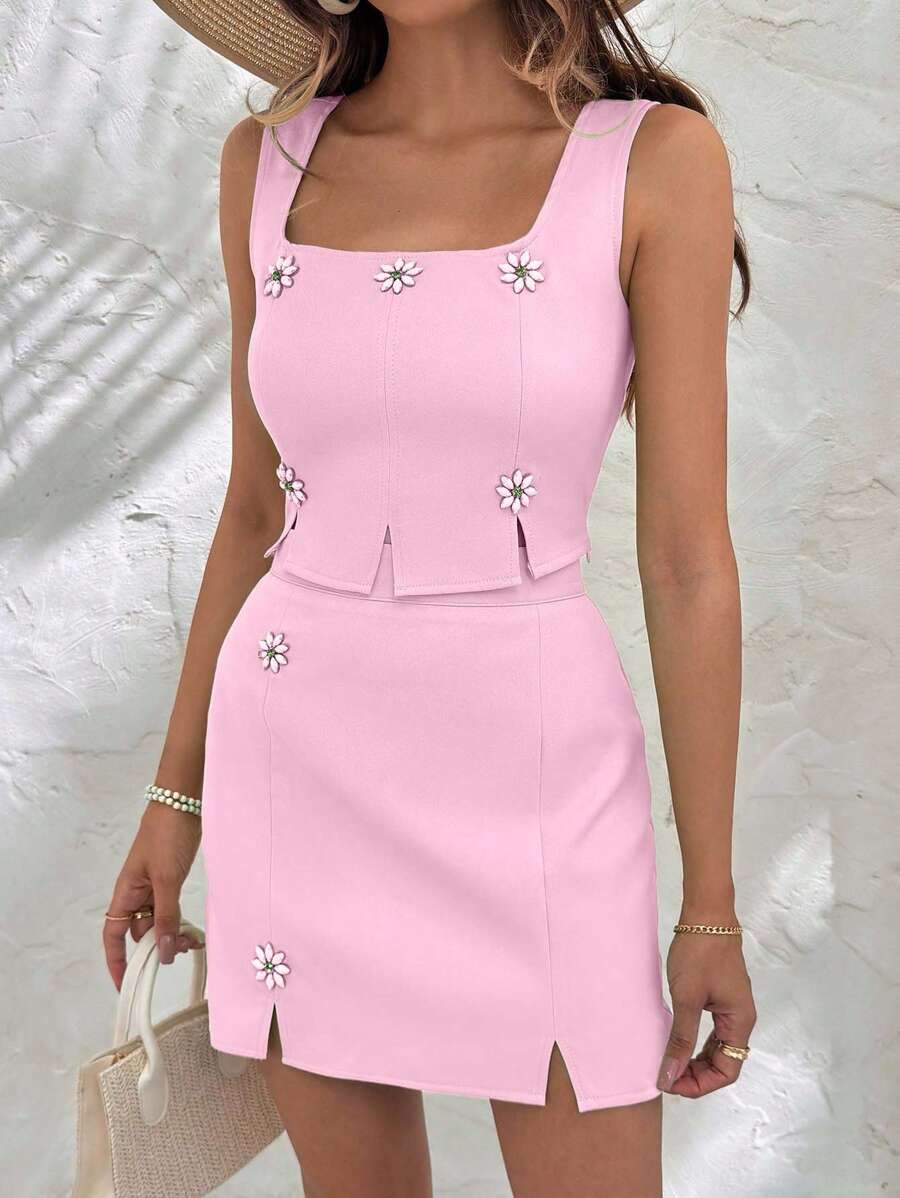EURMUSE LUNE Square Neck Flower Embellishment Solid Color Top & Mini Skirt Two Pieces Summer Set - Baby Pink - View 1