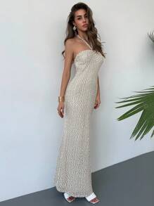 Aloruh Váy thun chấm bi buộc lưng không dây sequin phong cách cổ điển mới, trang phục mặc đi nghỉ dưỡng - Màu Khaki - Xem 7
