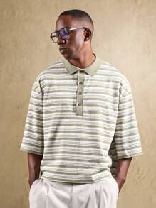 SUMWON Oversized Passform gestreiftes Poloshirt mit klassischem langem Knopfleistendesign, locker, retro, lässig, Wochenende, minimalistisch, atmungsaktiv, moderner urbaner Streetwear - Grün - Übersicht 1