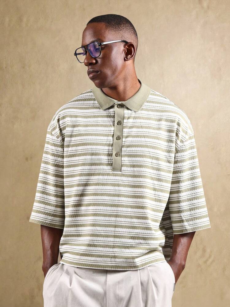 Oversized Striped Polo Shirt With Extended Placket