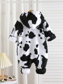 新生男婴/女婴两件套服装，温暖柔软的毛绒面料，可爱的奶牛印花，撞色，拉链连帽衫和宽松裤子，百搭百搭，适合户外玩雪和室内穿着 - 黑與白 - 查看 7