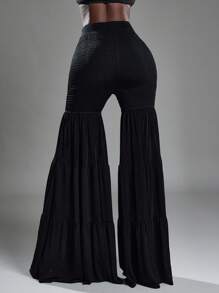 NYA SZN Pantalon taille haute à volants, jambe ajustée, moulant, pour vacances, plage, festival bohème, concert, en tricot extensible, sexy, froncé, élastique, pour club, usage quotidien, décontracté, rentrée scolaire, tenues noires pour femmes - Noir - Voir 2