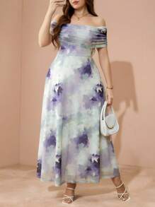 SHEIN Clasi Elegantes und romantisches Batik-Muster in Große Größen, Off-Shoulder langes Kleid - Mauve - Übersicht 7