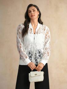 Flouryn Chaqueta bomber ligera de manga larga con cremallera, parche de encaje calado y bordado, de unicolor elegante, con solapa decorativa en el bolsillo, para mujer de talla grande, para otoño e invierno - Beis - Ver 6