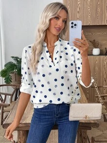 EMERY ROSE Women's Polka Dot Print V-Neck Cuffed Sleeve Pocket Casual Shirt, Suitable For Daily Commute, Autumn - White - View 4