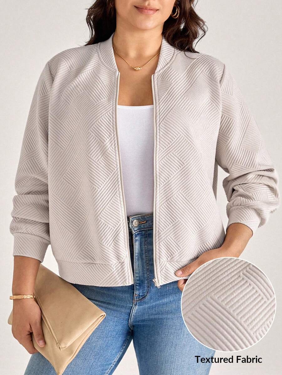 Comfylo Jaqueta Casual de Moda para Ir e Vir, Cor Sólida Texturizada, Tamanho Plus, Roupa de Outono para Mulheres, Estilo Old Money - Caqui - Visão 1
