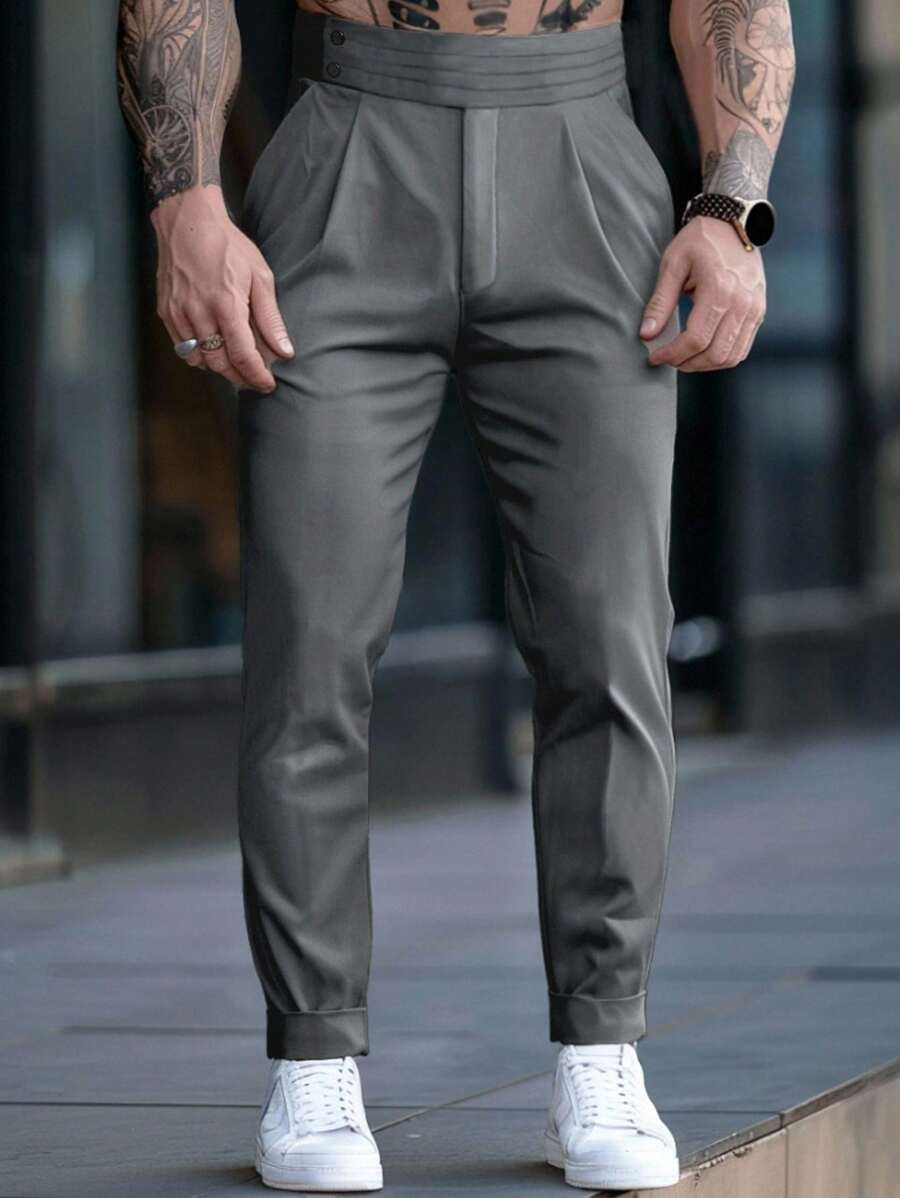 Manfinity Homme Men's Solid Color Pleated Pocket Straight Leg Casual Pants - Dark Grey - View 1
