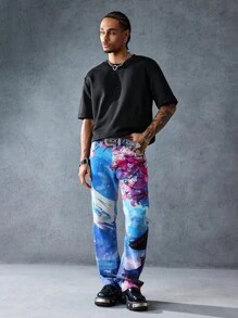 ROMWE MEN Anime Herren Jeans mit Blume Muster und Tasche - Verschiedenfarbig - Übersicht 5