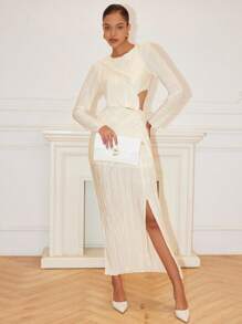 Islaluna Elegant Waist Hollow Out Side Split Pleated Dress Maxi Women Outfit