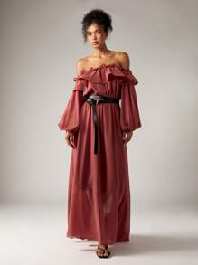 AiiRZ Off Shoulder Ruffle Maxi Dress Long Balloon Sleeve Empire Waist Special Occasion Flowy Chiffon Gown Wedding Guest Party Evening Formal Dress - Pink - View 1