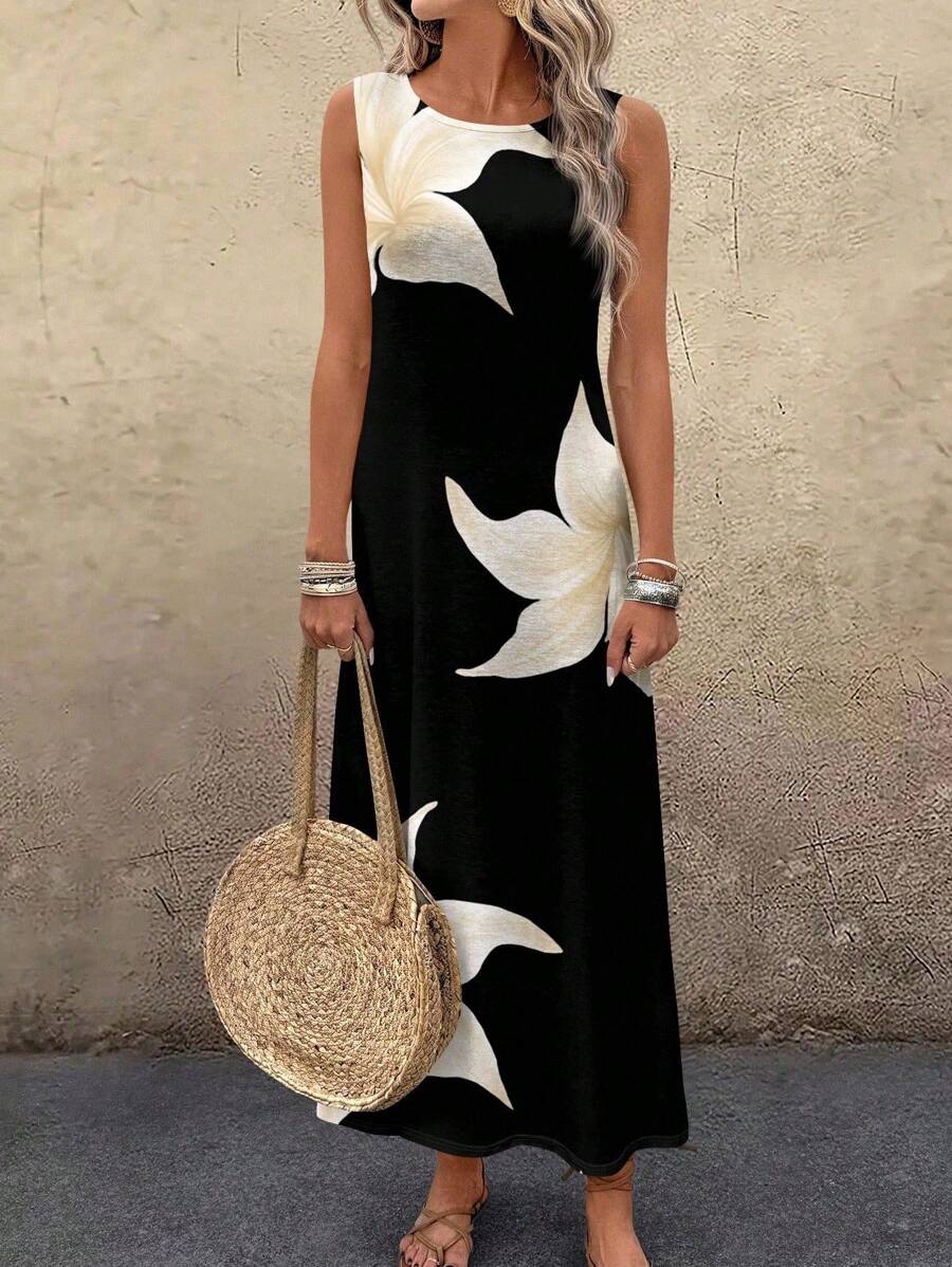 EMERY ROSE 大码女式休闲花卉印花圆领长裙，适合夏季