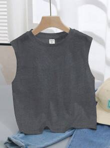 SHEIN Camiseta de tirantes informal y minimalista con estampado de letras para niños pequeños, adecuada para el verano - Gris Oscuro - Ver 3