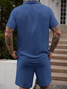 Manfinity Homme Men's Summer Printed Short Sleeve Shirt + Drawstring Shorts Set Men 2 Pieces Outfits Blue Blue Two Pieces Set Men Men Co Ord Set Men Knitted Set Men Crochet Set