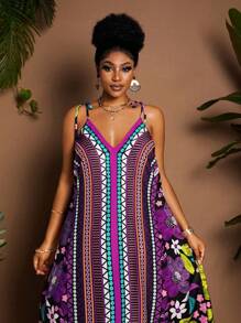 Maweii Vestido largo bohemio con tirantes, cuello en V y estampado colorido para mujer talla grande, nuevo diseño para vacaciones de primavera/verano