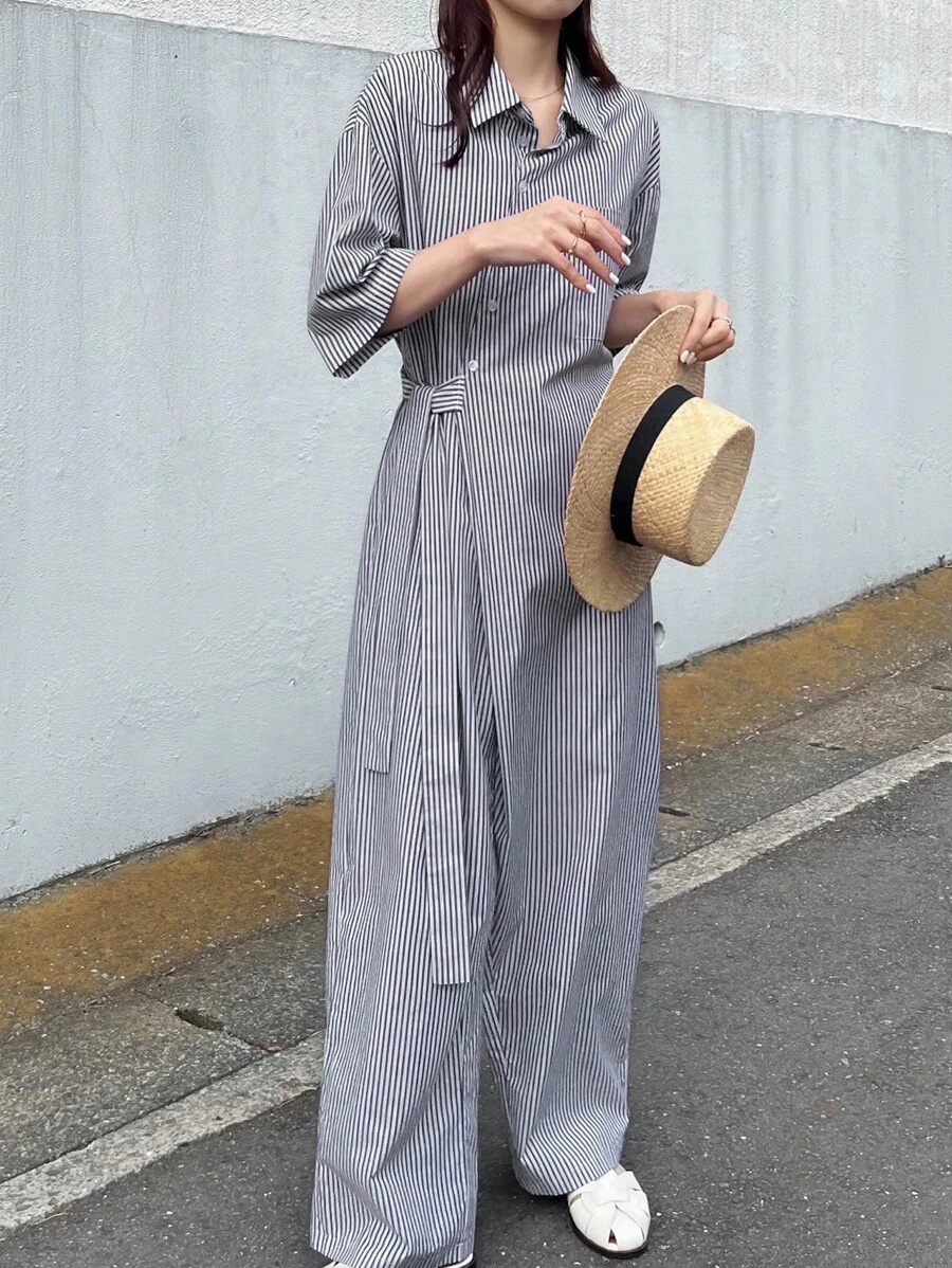 FRIFUL 女士条纹不对称门襟系带宽松休闲连体裤，适合机场、户外穿着 - 黑色 - 查看 1