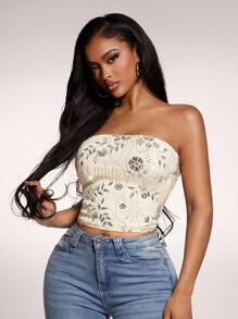Radiana Women's Sexy & Elegant Apricot Beaded Sequin Cold-Shoulder Tube Top Sequin Tube Top Cute Tube Top - Apricot - View 3