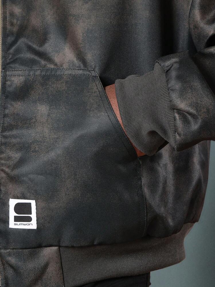 Distressed Print Workwear Hoodie With Full Zip Design