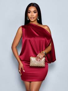 SOLERSUN Đầm ôm body mini bằng vải satin cổ bất đối xứng thanh lịch dành cho nữ - Màu Đỏ Sâu - Xem 7