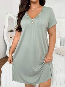 SHEIN 女式加大码V领蕾丝边花卉提花针织短袖睡袍