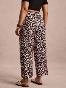 SHEIN VCAY Plus Size Women Casual Fashion Street Leopard Print Knot Elastic Waist Straight Leg Pants Leopard Print Pants Animal Print Pants - Coffee Brown - View 2