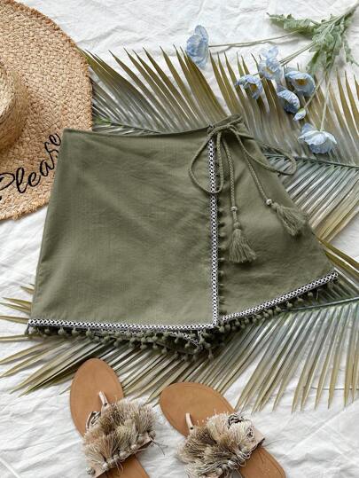 Soleia Vacation Women's Music Festival Wrap Skort With Ribbon Spliced Tassel Binding Texture Fabric Shorts