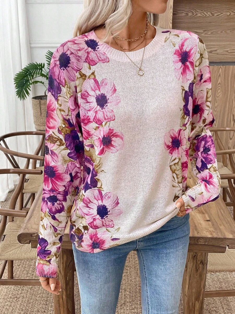 SHEIN LUNE Neu Vintage-inspirierter Farbdruck Rundhals leicht luftiger gestrickter Damen-Pullover, frisch und stylish für Frühling/Sommer - Aprikosenfarben - Übersicht 1