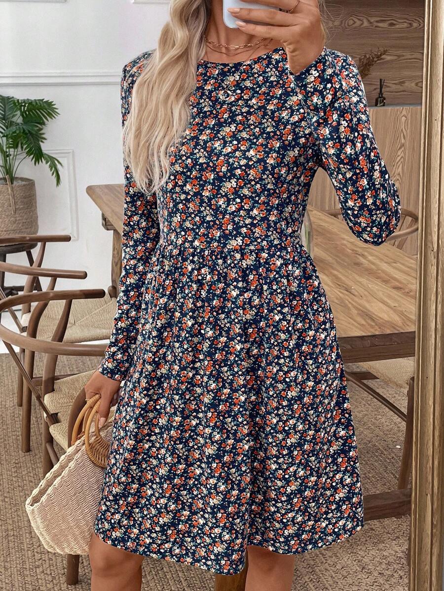 EMERY ROSE Women's Ditsy Floral Round Neck Long Sleeve Casual Mini Dress, Suitable For Vacation Fall Dresses Fall Clothes Winter Clothes For Women Office Dress Work Dresses For Women