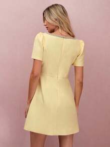 Enchnt Women's Pale Yellow Summer Elegant Tea Party Rose Bowknot Rhinestone Decor Short Sleeve Mini Dress,Sweet Princess Wedding Guest Birthday Outfits - Yellow - View 7