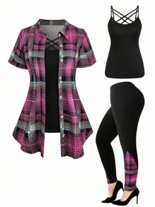 SHEIN EMERY ROSE CURVE 3 件套加大码格子夹克、束腰上衣和裤子套装 - 彩色 - 查看 1