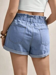 Zelara Plus Paperbag Waist Roll Up Hem Denim Shorts Back To School Back To School School Clothes Back To School Clothes  Homecoming Dress Teacher - Light Wash - View 5